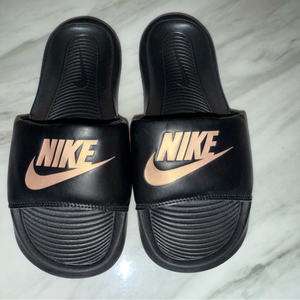 Nike Black and Gold Athletic Slides